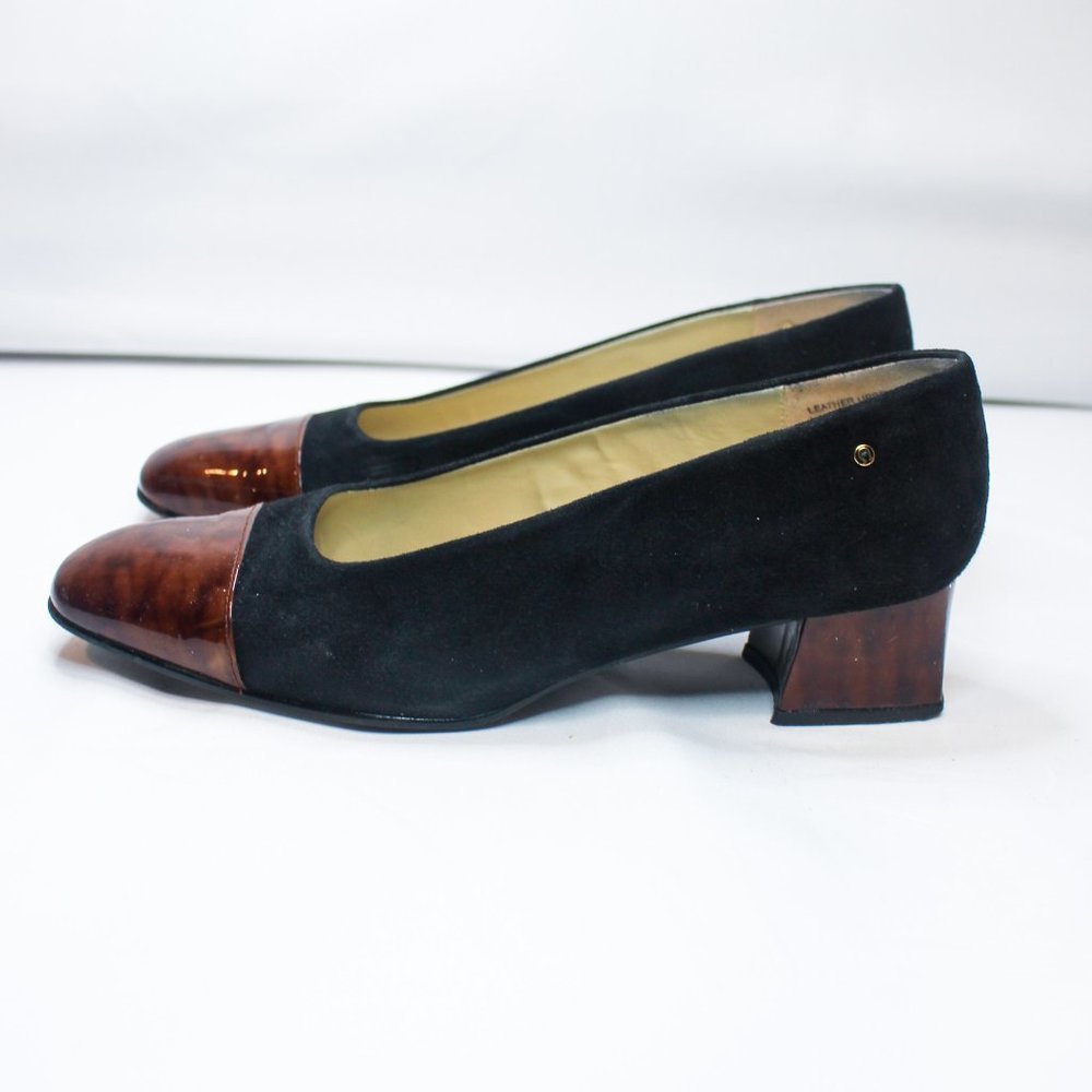Vintage Etienne Aigner Black Suede Brown Tortoise Shell Block Heel 90s 8.5 Pumps - Picture 9 of 14